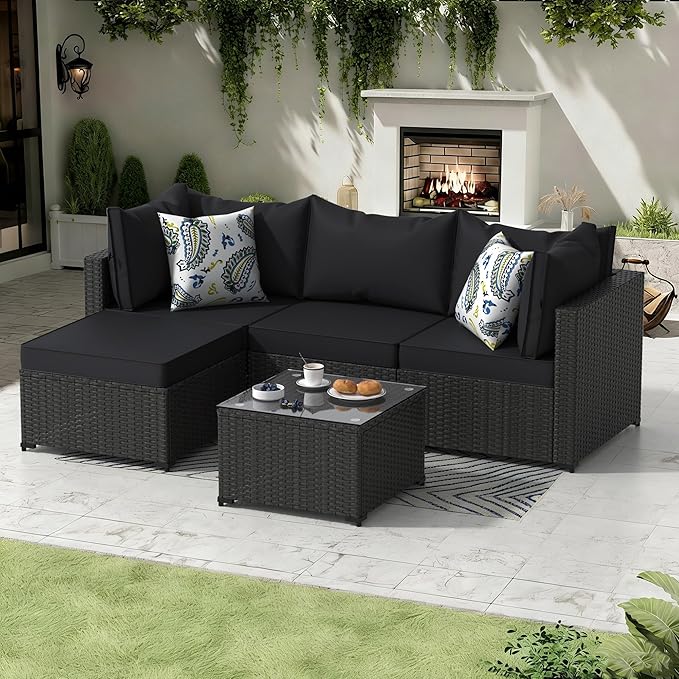 Patio Furniture Set, 5PCS Patio Sectional with Ottoman Wicker Rattan Outdoor Furniture with Thickened Cushion Modular Wicker Patio Conversation Set with Glass Top Table for Balcony, Backyard (Black)