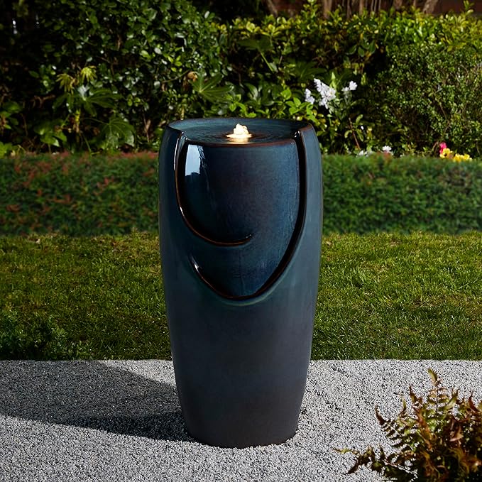 Glitzhome 29.25" Outdoor Garden Fountain Ceramic Jar Water Fountain with LED Lights and Pump Cascading Waterfall Vase Fountain for Patio Garden Yard Porch,Turquoise