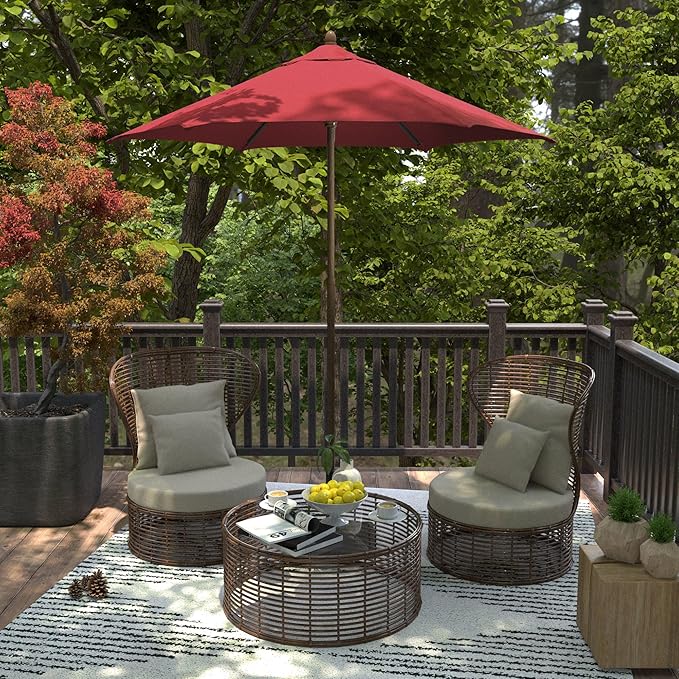Sunline 7.5 ft Faux- Wood Patio Umbrella, Push Open Pin Stop Outdoor Market Umbrella with UV Protection & Wind Vent, Metal Frame for Deck, Pool & Table, Brick