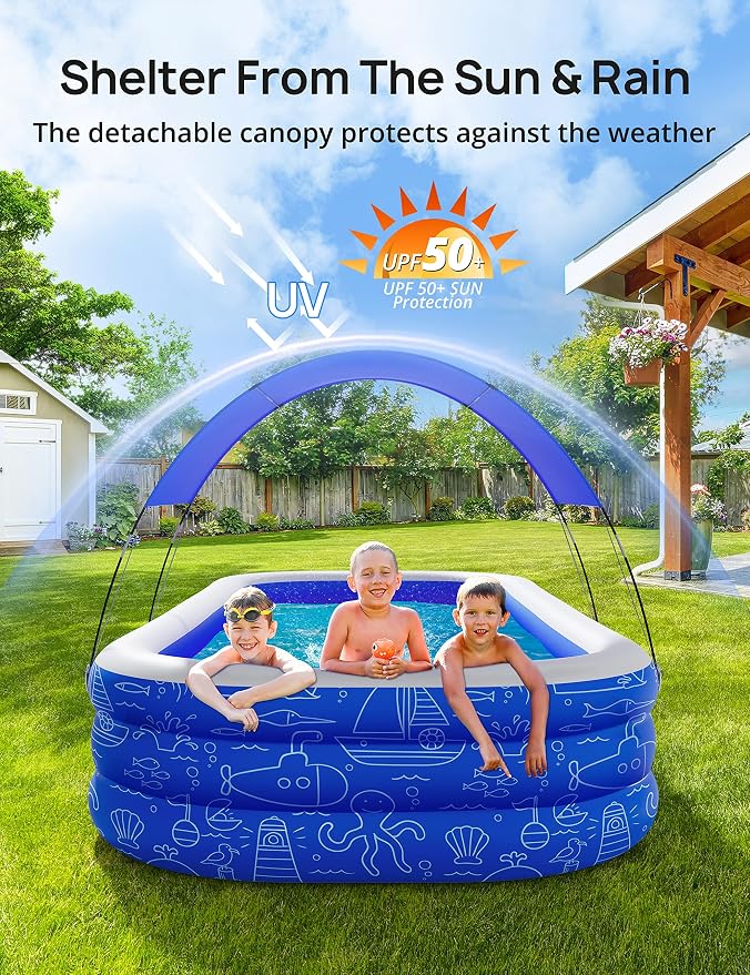Large Inflatable Swimming Pool with Canopy, 150” x 70” x 20” Full-Sized Inflatable Pool for Kids & Adults, Kiddie Pool with Sun Shade, Blow Up Pool for Backyard, Garden, Age 3+, Blue