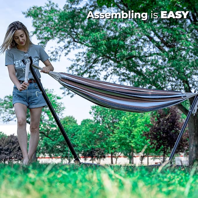 Backyard Expressions Double Camping Hammock with Steel Stand & Carrying Bag, Adjustable Height, Ultra Soft Cotton Blend, 550 lb Capacity, Indoor & Outdoor Portable Hammock