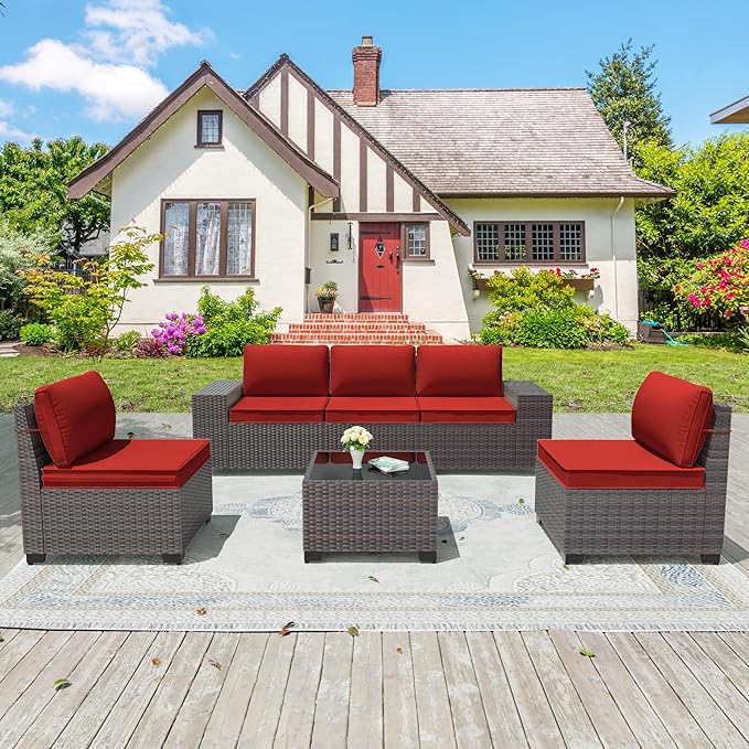 Patio Furniture Set 6 Pieces Outdoor Sectional Sofa Set,PE Rattan Wicker Patio Conversation Set with Thickened Cushions and Glass Coffee Table,Red