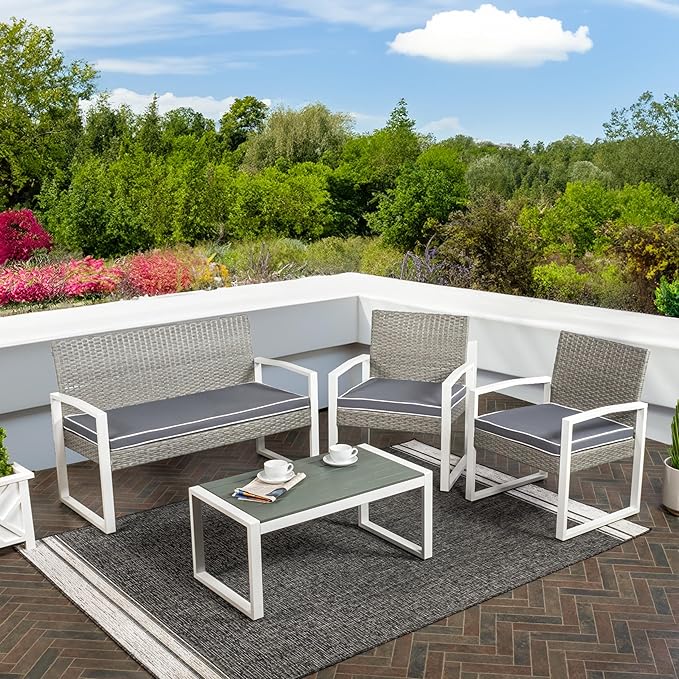JONATHAN Y LVG1102A-4SET Elina 4-Piece Modern Coastal Faux Wicker Conversation Outdoor Patio Set Mid-Century, Classic, Contemporary, Traditional, Minimalist, White/Gray