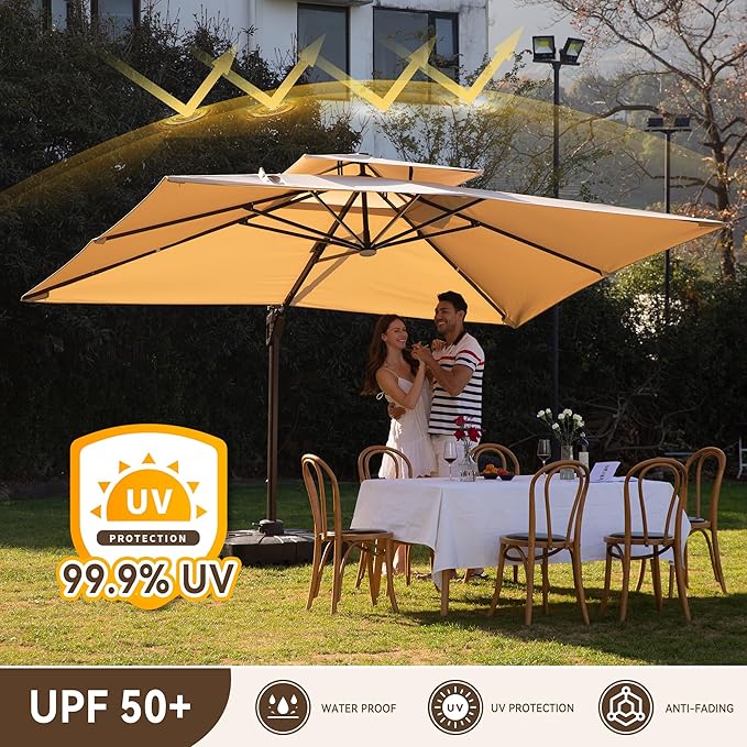 10 X 13 FT Cantilever Outdoor Patio Umbrella with Base Included Large Heavy Duty 360° Rotation Double Top Offset Rectangular Umbrellas with LED Lights for Backyard Outside Deck, Beige