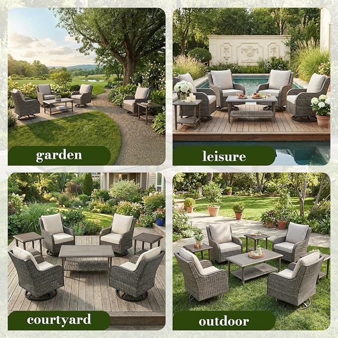 6-Piece Swivel Patio Furniture Set, 4 Outdoor Wicker Swivel Chairs with Coffee Table & Side Table, All-Weather Conversation Set for Porch Deck Backyard, Water-Resistant Cushions（6-PCS