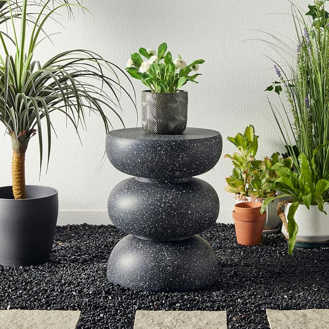 Glitzhome Outdoor Side Table, Round Small End Table with Black Geometric Terrazzo Finish MGO Hourglass Garden Stool, Set of 2 Decorative Accent Table for Living Room Planter Stand Backyard Patio Porch