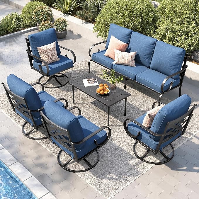 PHI VILLA Patio Furniture Set, 3-Seater Sofa, 4 Swivel Chairs and a Coffee Table, Outdoor Metal Conversation Set with 5.75" Extra Thick Cushion for Garden Backyard Deck, Navy