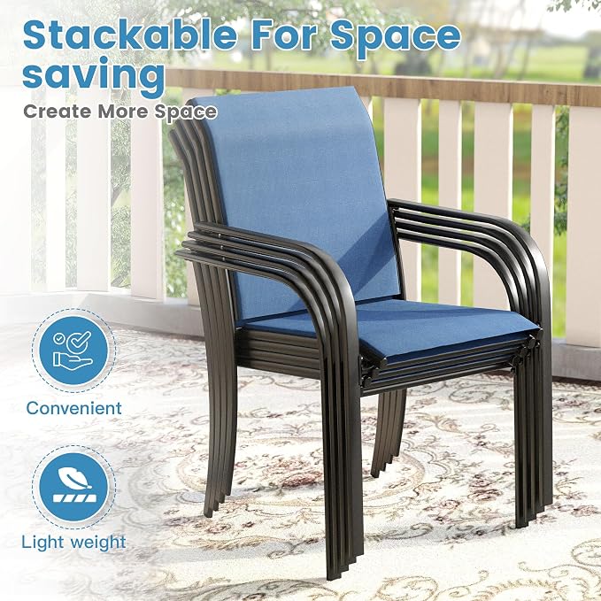 DIFY Patio Dining Set for 6, 7 Piece Outdoor Table and Chairs Set, 47.2" Black Round Metal Patio Dining Table and 6 Blue Textilene Stackable Patio Chairs, for Backyard Garden Poolside