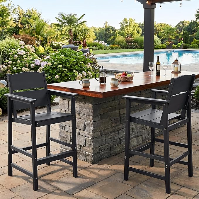 4 Pack Outdoor Bar Stools, HDPE Patio Bar Chairs with Armrests & Footrest, Weather Resistant All-Weather Counter Height Chairs for Outdoor Deck, Backyard, Poolside,Black