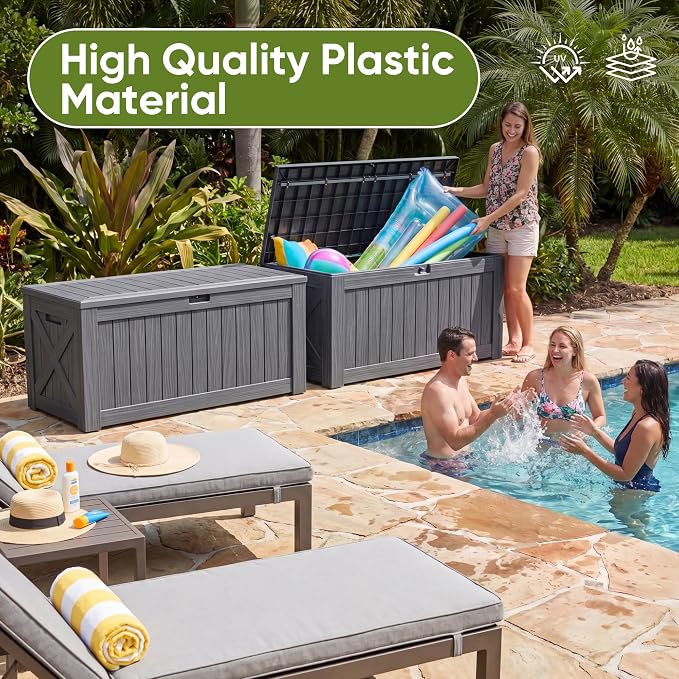 Flamaker Resin Deck Box 120 Gallon Waterproof Large Outdoor Indoor Storage Box Imitation Wood Resin for Patio Furniture Garden Tools and Pool (Gray)