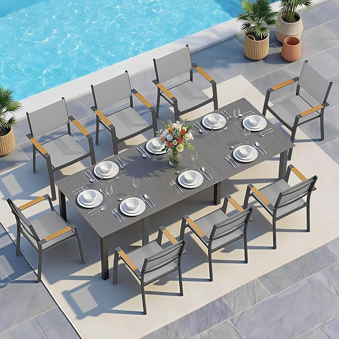 Wisteria Lane Aluminum Outdoor Patio Table and Chairs Set with 121" L-81 L Expandable Dining Table, 9-Pieces Outdoor Dining Set for 8, Patio Furniture Set with Stackable Quick Drying Chairs, Grey
