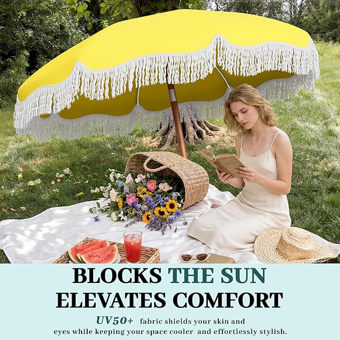 AreShark 7ft Patio Umbrella with Fringe, UPF50+ Beach Umbrella for Table, Pool & Garden, Portable Outdoor Tassels Umbrella w/Fiberglass Ribs&Push Bottom Tilt(Yellow)