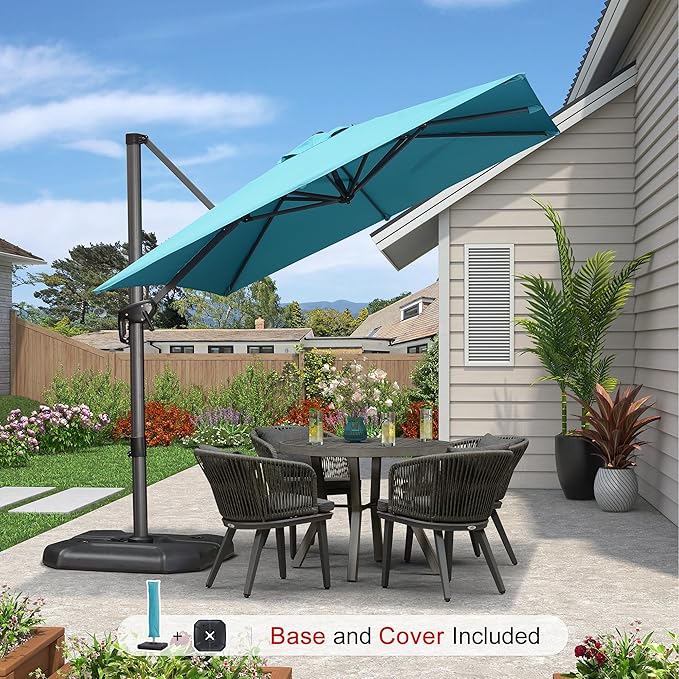 PURPLE LEAF 8'×8' Patio Cantilever Umbrella with Base Included Offset Outdoor Umbrella with Cover Square Outdoor Patios for Backyard Pool Garden Turquoise Blue