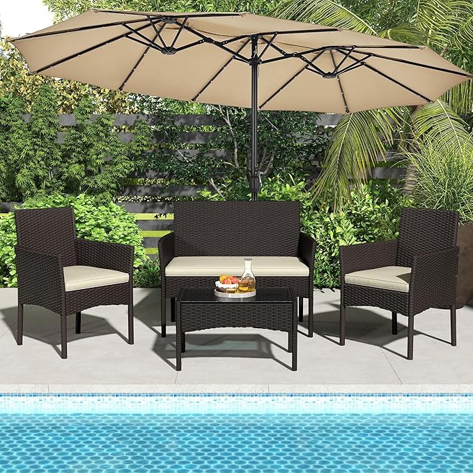 Yaheetech Patio Furniture Set 4 Pieces Conversation Sets, Rattan Chair Wicker Set Loveseat with Soft Cushion and Glass Table for Backyard Porch Garden Poolside Balcony, Brown and Beige
