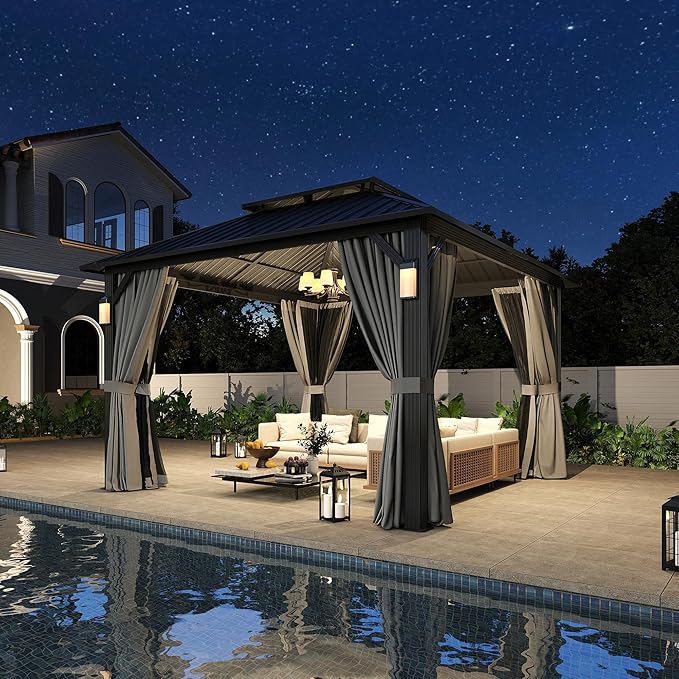Aoxun 12'x12' Hardtop Gazebo with 4 LED Lights, Outdoor Gazebo with Galvanized Steel Double Roof, Patio Gazebo with Breathable Netting & Privacy Curtain, Decor Hooks for Backyard, Gray