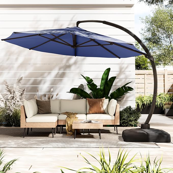ENSTVER 12FT Cantilever Patio Umbrella With Base Included, Round Large Aluminum Outdoor Cantilever, Heavy Duty Offset Umbrella with 360°Rotation for Pool, Deck, Backyard, Garden(Navy Blue)