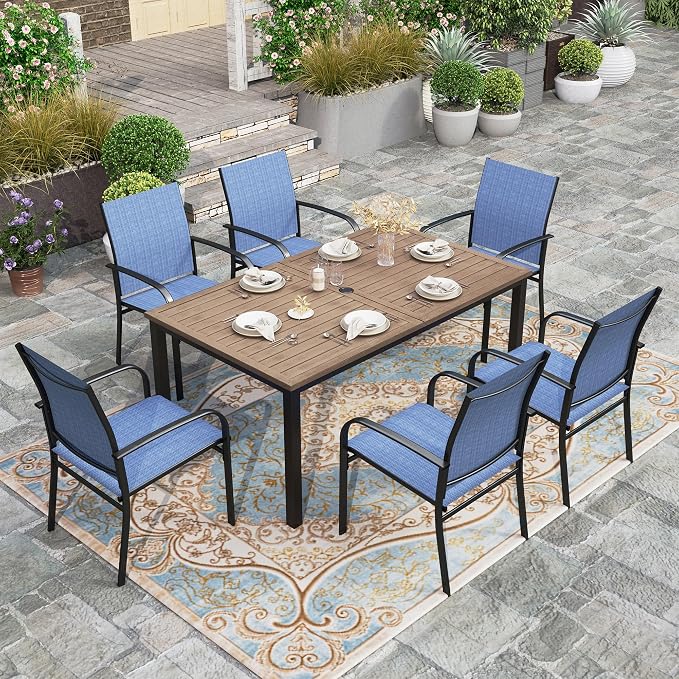 HERA'S HOUSE 7pc Outdoor Patio Dining Set, Wood-Look Metal Table, Blue | 64" rectangular table with umbrella hole, 6 textilene chairs. Waterproof, rust-resistant, all-weather for backyard, porch