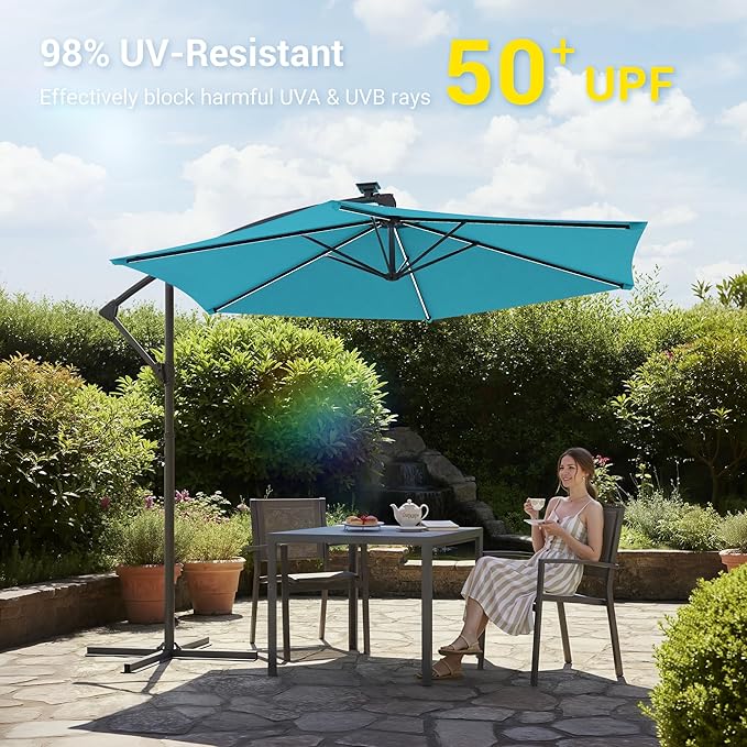 10ft Offset Patio Umbrella with Solar Light Strips,Outdoor Cantilever Hanging Umbrella with Cross Base, Fade Resistant Recycled Fabric, for Pool, Deck, Garden,Backyard,