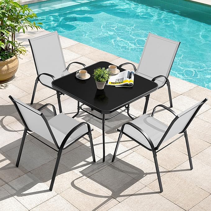 NUU GARDEN 5-Piece Outdoor Patio Dining Set, All-Weather Metal Dining Table with 1.57" Umbrella Hole and 4 Ergonomic Stackable Chairs, Textilene Furniture for Garden, Backyard, Black Gray