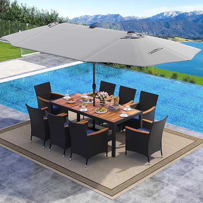 Tangkula 11 Pieces Patio Dining Set with Double-Sided Led Patio Umbrella (Base Included), with 8 Stackable Chairs, Acacia Wood Dining Table and Large Umbrella with Solar Lights (Grey + Navy)