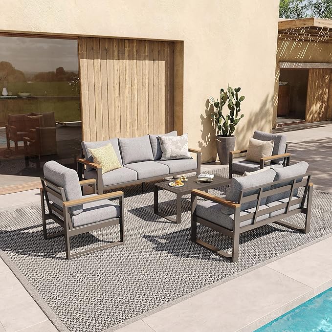 Sundale Outdoor Aluminum Patio Furniture Set, 5 Piece Outdoor Conversation Sets with Coffee Table and 6" Thick Olefin Cushions, All Weather Outdoor Sectional Set for Deck, Lawn, Yard (Grey)