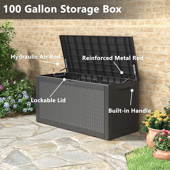 NUNU LAB 100 Gallon Large Waterproof Resin Deck Box, Lockable Outdoor Storage Box with Gas Lift, Patio Cushions, Garden Tools, Pool Supplies, Indoor Outdoor Storage Container, Black