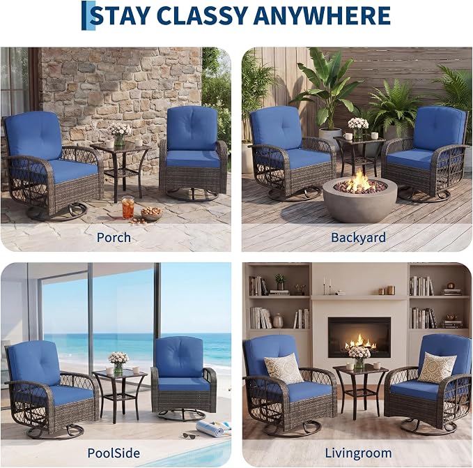 Garvee 3 Pieces Patio Furniture Set, Outdoor Swivel Glider Rocker Set w/Washable Cushion and Tempered Glass Tabletop, Conversation Furniture for Deck Porch Balcony Backyard Garden,Gray & Blue