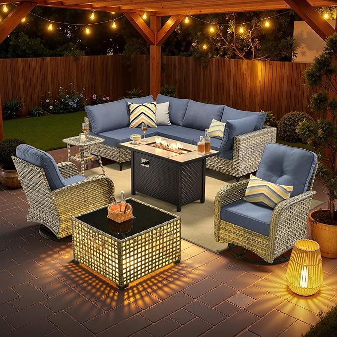 Outdoor Patio Furniture Sets,9 PCS Patio Conversation Set Outside Rattan Sectional Sofa with 42 in Fire Pit Table Wicker Rocking Chair Coffee Table Fit Backyard Porch Garden Poolside Balcony