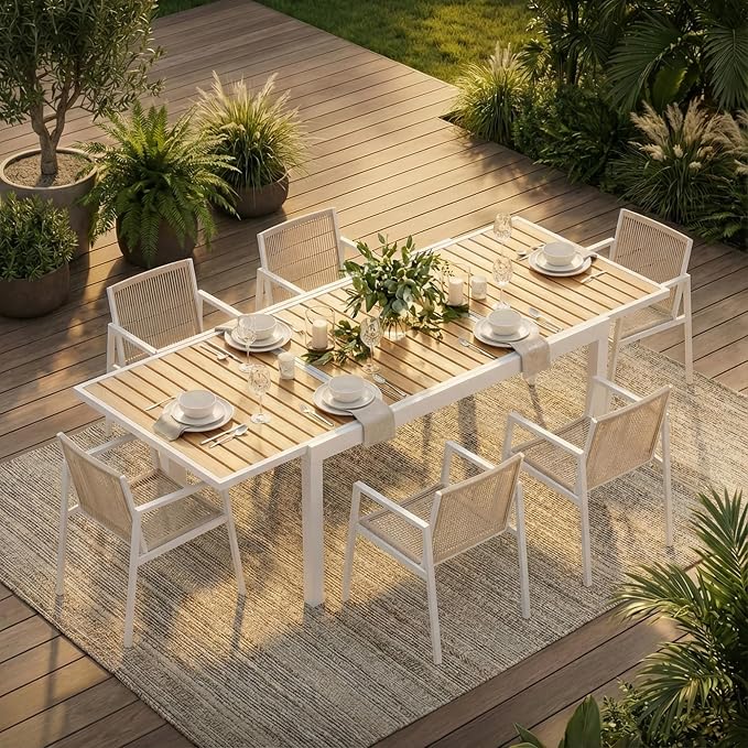 ZANDOR Expandable Outdoor Dining Set for 4-6-8,Patio Table and Chairs Set with Wood Top for Garden,Backyard,Porch,55"-82.7" Extendable Aluminum Outdoor Table Set with 6 Chairs,White