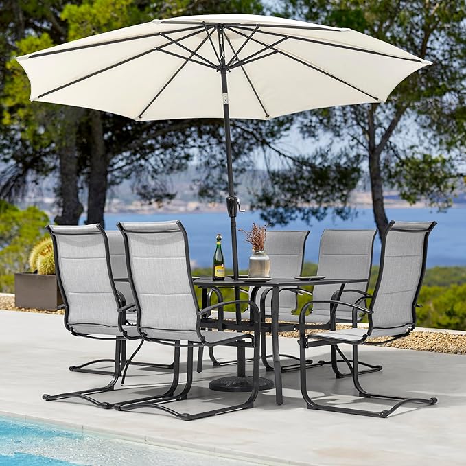 NUU GARDEN 7 Piece Outdoor Patio Dining Set, 6 Textilene Dining Chairs and 61" Rectangular Patio Dining Table with 1.77" Umbrella Hole, for Backyard, Patio, Garden, Gray and Black