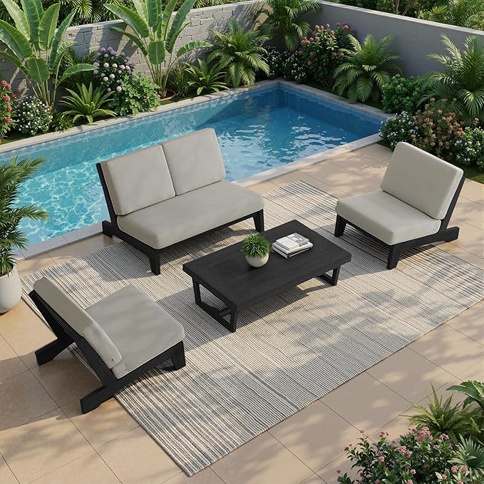UIXE All Weather Patio Furniture Sets, 4 Pieces Black Wood Outdoor Sectional Futniture Patio Sofa Chair Backyard Conversation Set with Solid Wooden Coffee Table - Light Camel