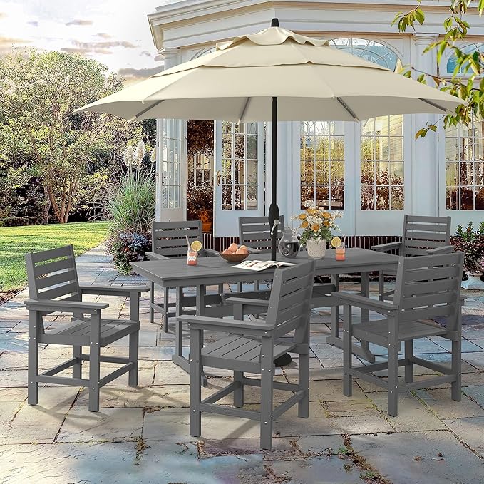 9 Piece Patio Dining Set, 80" Rectangle HDPS Weather Resistant Outdoor Table & 8 Patio Chairs Set with 1.96" Umbrella Hole, 300LBS Heavy Duty for Backyard Deck Balcony, Grey