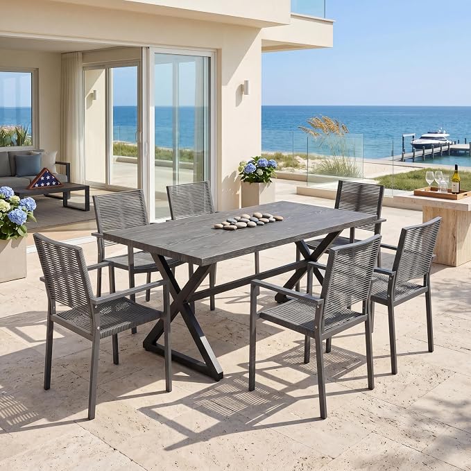 7 Piece Dining Table Set for 6, Aluminum Frame with Ultra Breathable Hollow Woven Rope Armchairs, Wood-Like Tabletop, for Dining Room, Kitchen, Garden, Backyard, Deck & Poolside,Brown