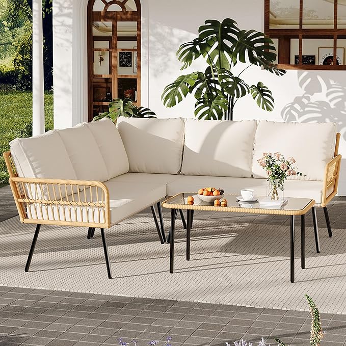 GarveeLife Wicker 4 Pieces Patio Furniture Sets Outdoor Sectional L-Shaped with Cushions & Side Table and Chairs Set, Boho Rattan 5 Seater Conversation Sets for Apartment, Bistro, Backyard,Porch,Beige