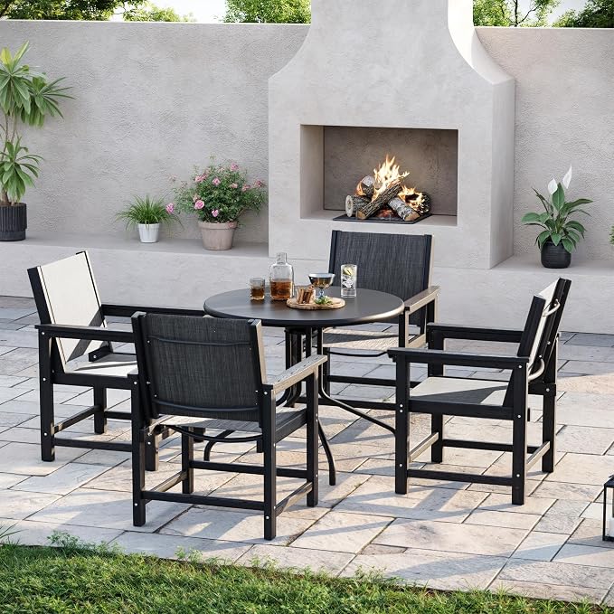 Amopatio Outdoor HDPE Dining Chairs Set of 4 All-Weather Patio Chairs with Textilene Backrest Heavy Duty for Porch Backyard Deck Lawn Garden, Black