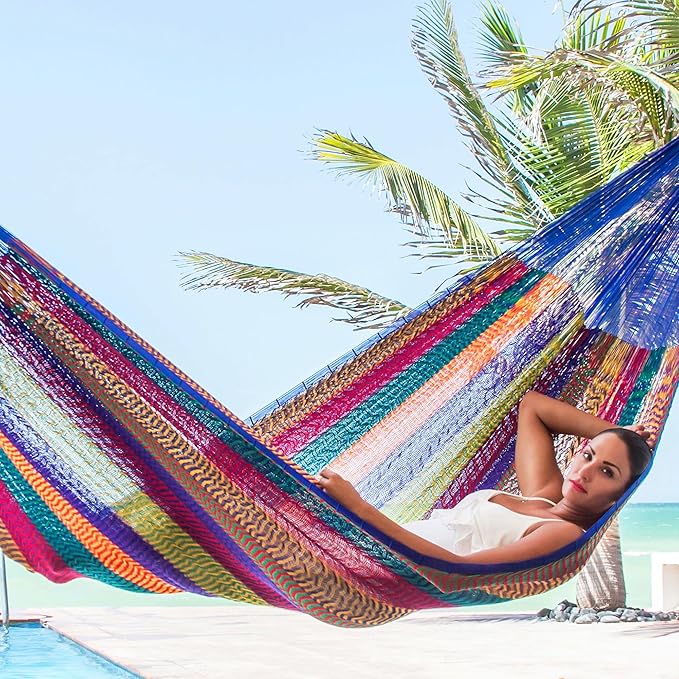 NOVICA Artisan Crafted Patterned Blue and Bright Mayan Hammock | Woven Nylon | Long Lasting Colorfast | Cotton Trim | Steel Hooks | 'Tropical Passion' (2 Person) | 7.2' W x 12.8' H
