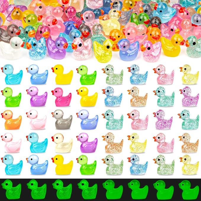FEXIA 100pcs Mini Ducks Glitter Resin Tiny Ducks Animals Figures to Hide Glow in the Dark Duck Figures for Dollhouse Aquarium Fairy Garden Decor