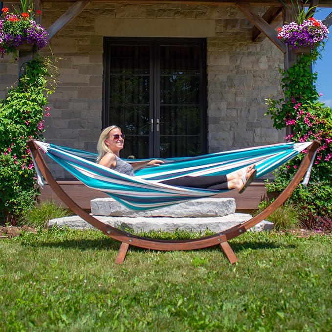 Vivere Double Cotton Hammock with Solid Pine Arc Stand - 450 lb Capacity, Durable FSC Wood Frame, Includes Hardware & User Guide - 450 lb Weight Capacity (Token Surfside)
