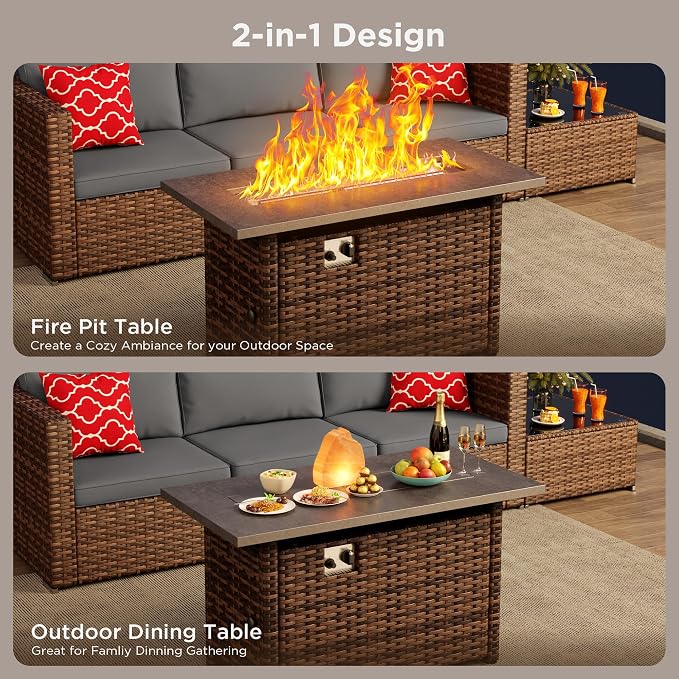 Aiho 6 Piece Outdoor Patio Furniture Set with 45'' Fire Pit Table, Wicker Outdoor Conversation Set Sectional Sofa with Coffee Table for Backyard, Poolside, Garden, Grey