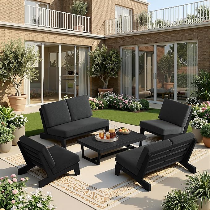 UIXE 7 Pieces All Weather Black Wood Patio Furniture Sets, 2 Patio Loveseat, 4 Patio Bistro Chair, Outdoor Sectional Sofa Furniture Backyard Conversation Set with Coffee Table - Dark Gray