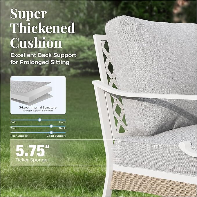 6 Piece Metal Patio Furniture Set, 7-Seat All Weather Outdoor Conversation Set with 3-Seat Sofa & 4 Fixed Chairs & Coffee Table, Outdoor Sofa Set for Backyard, Deck, Garden, White/Light Grey