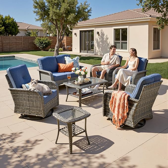 7-Piece Patio Furniture Set, Outdoor Wicker Furniture with Coffee Table, High Back Swivel Rocker Patio Chairs, Modern Rattan Outdoor Chairs Conversation Set for Porch, Balcony, Garden, Denim Blue