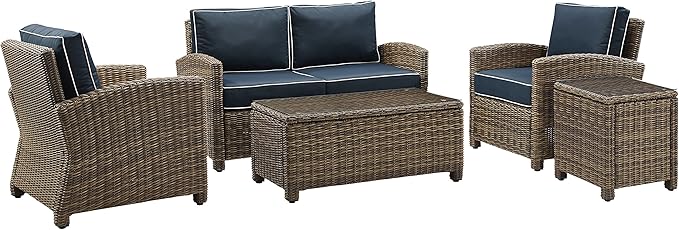 Crosley Furniture Bradenton 5-Piece Outdoor Loveseat Patio Furniture Set, Wicker Conversation Sets for Porch, Brown with Navy Cushions