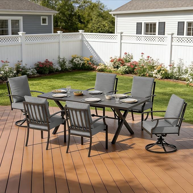 7 PCS Outdoor Patio Dining Set,Patio Table and Chairs Metal Outdoor Patio Furniture Set with Umbrella Hole,Dining Table Set with Swivel Chairs for Deck,Backyard and Garden,Grey