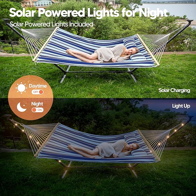 SUNCREAT Double Backyard Hammock with Solar Powered Lights for Outside, 475 lbs Capacity, Heavy Duty Self Standing Hammock with 12 ft Stand, Blue