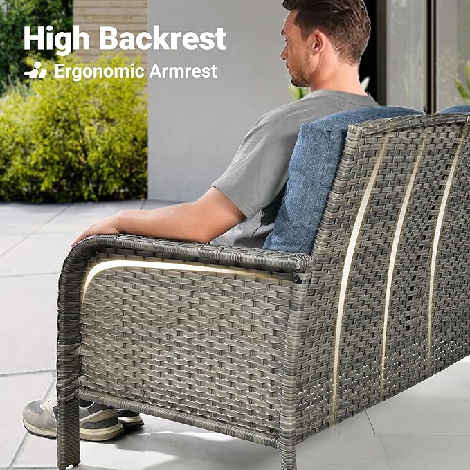 ovios 4-Piece Patio Furniture Set, Outdoor Wicker Sofa with Chairs Coffee Table, High Back Rattan Couch Loveseat with Comfy Cushions for Porch Yard Deck, Denim Blue