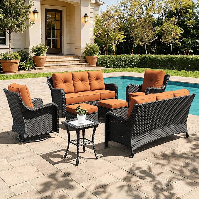 7 Pieces Outdoor Furniture Set with 6-inch Cushions, High Back Wicker Swivel Rocker Chairs with Coffee Table, Luxury Conversation Set for Deck Patio and Poolside