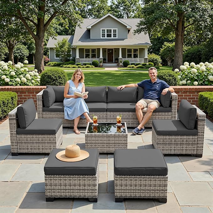 9-Piece Patio Furniture Set, Outdoor Sectional with Ottomans, Modular Patio Sofa, Dual-Strand Wicker Rattan, Rust-Resistant Frame, Backyard Furniture for Garden, Deck, Black