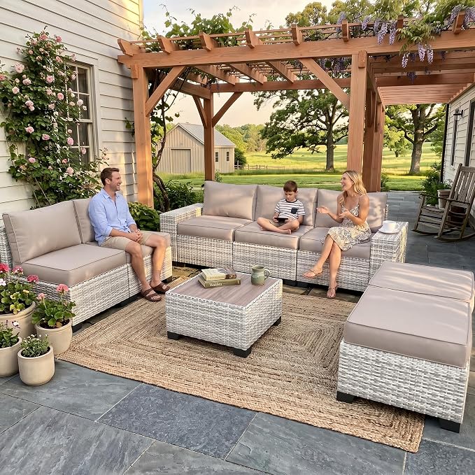 8-Piece Outdoor Patio Furniture Set Wicker Sectional Sofa Set with Ottomans, Patio Conversation Set with Thickened Cushions & Coffee Table for Garden, Backyard, Poolside, Beige