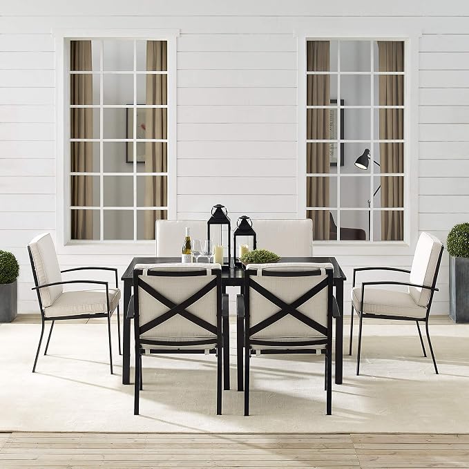 Crosley Furniture Kaplan 7-Piece Outdoor Dining Set for 6, Patio Table and Chairs for Backyard, Deck, Oiled Bronze with Oatmeal Cushions